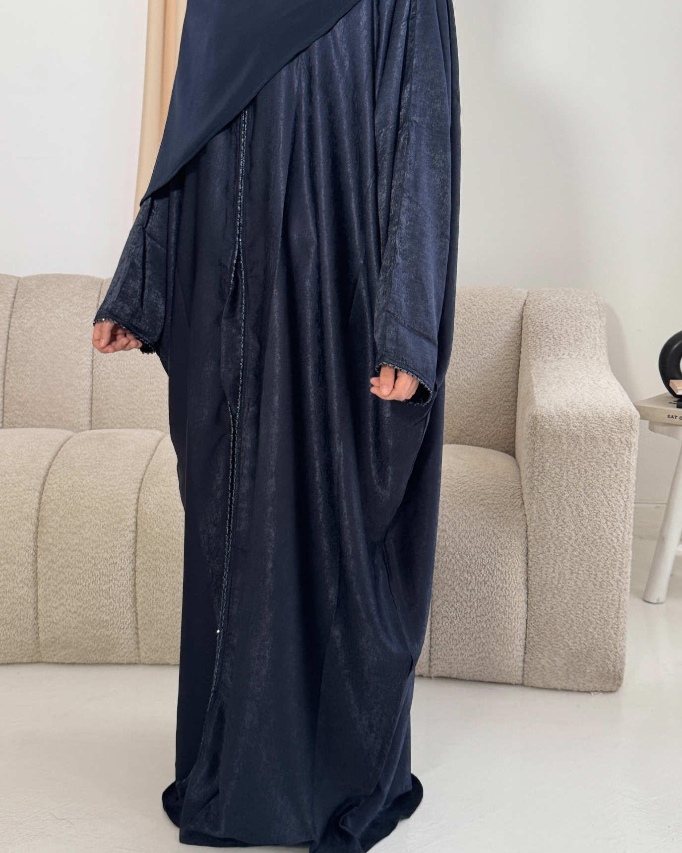 Textured Beaded Open Abaya - Azurite