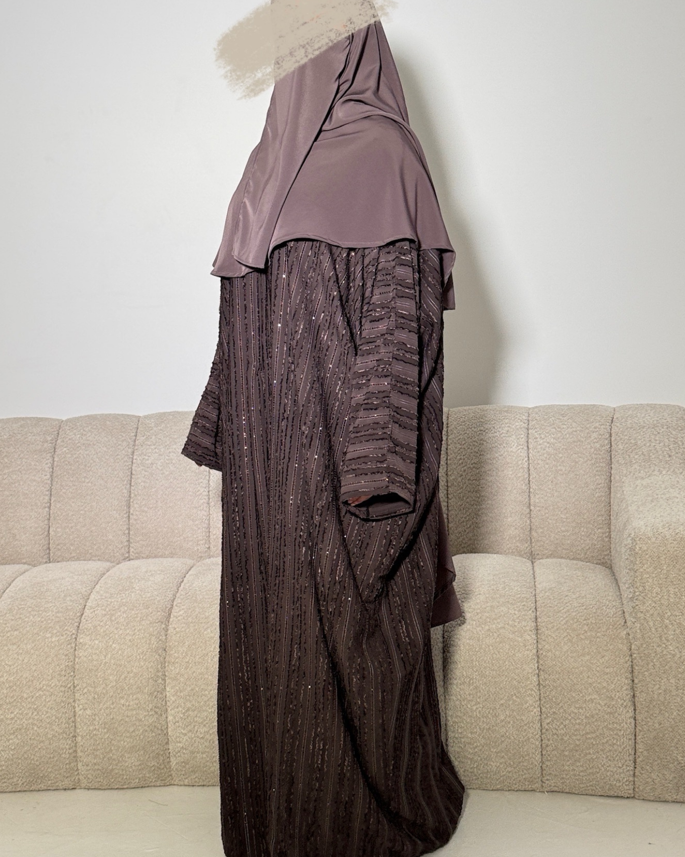Woollen detail and Beaded Open Abaya - Copper