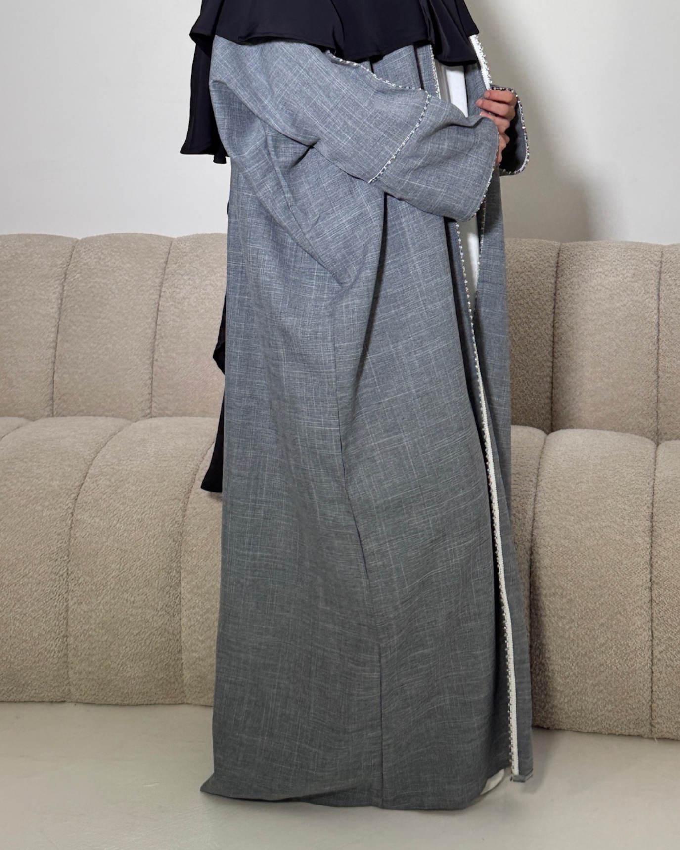 Cotton Look Beaded Open Abaya - Moonstone