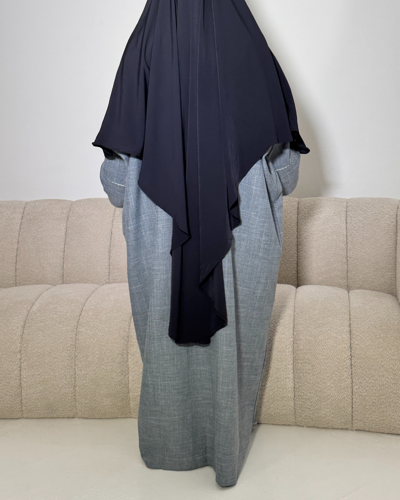 Cotton Look Beaded Open Abaya - Moonstone