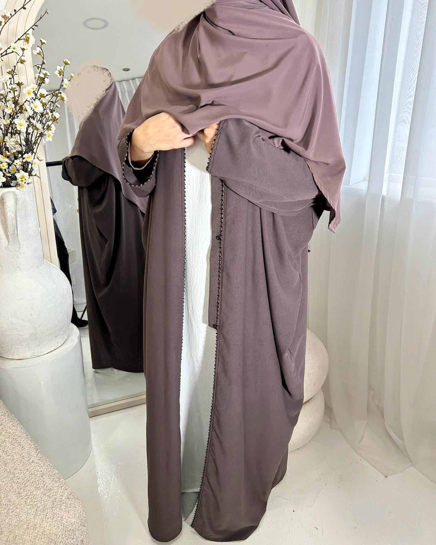 Beaded Open Abaya - Slate