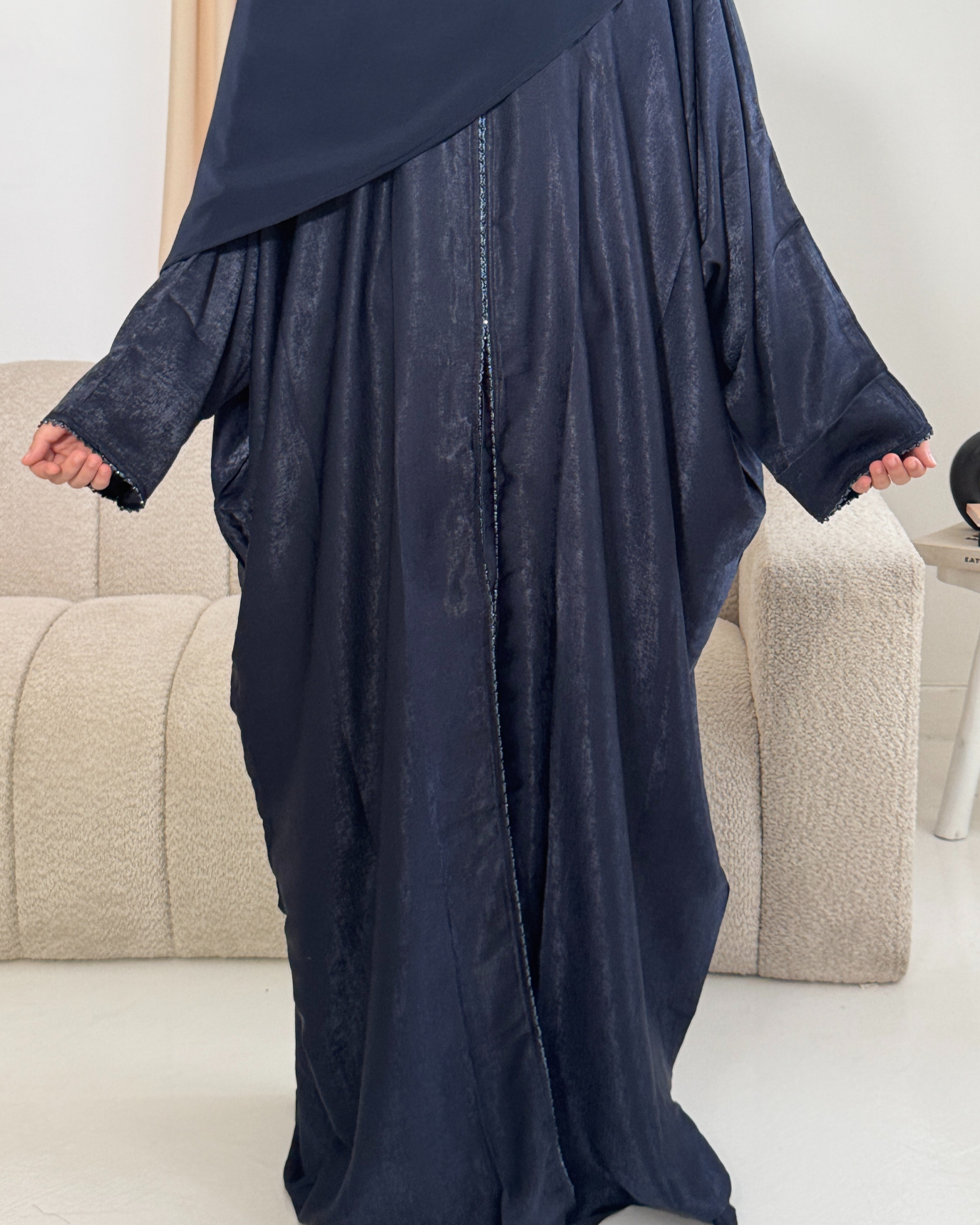 Textured Beaded Open Abaya - Azurite