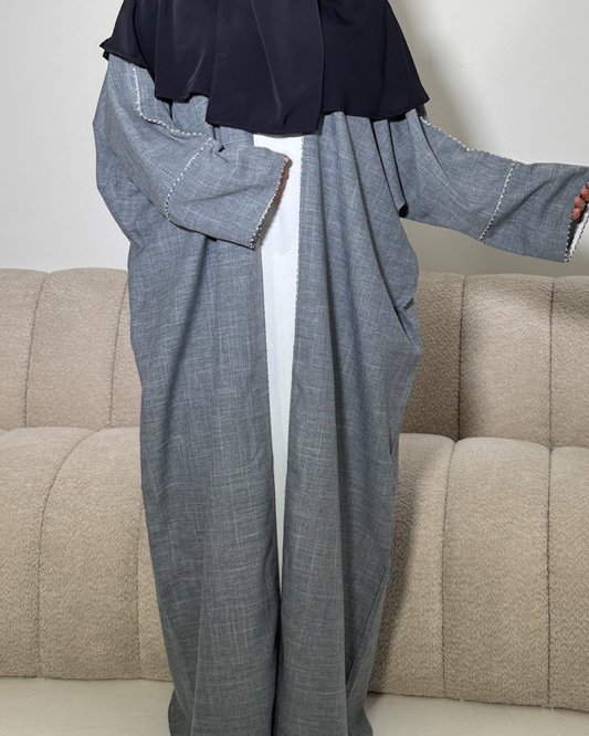 Cotton Look Beaded Open Abaya - Moonstone