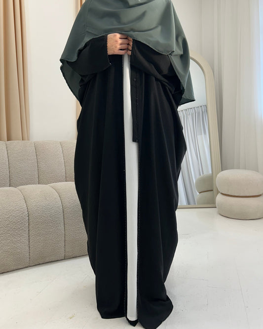 Winged Open Beaded Abaya - Obsidian